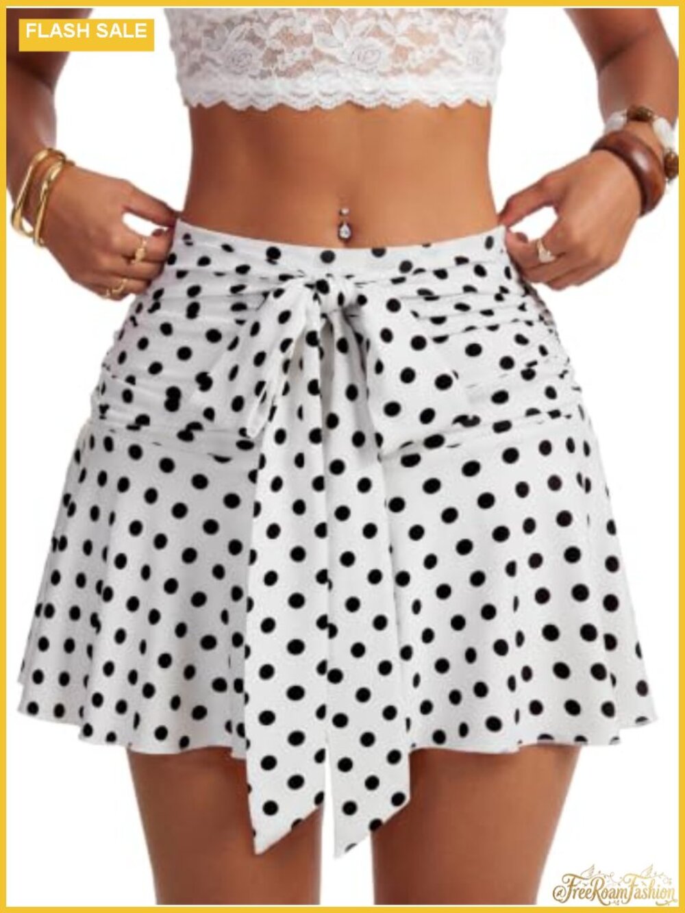 Polka Dot High Waisted Tie Knot A-Line Mini Skort with Built-In Shorts